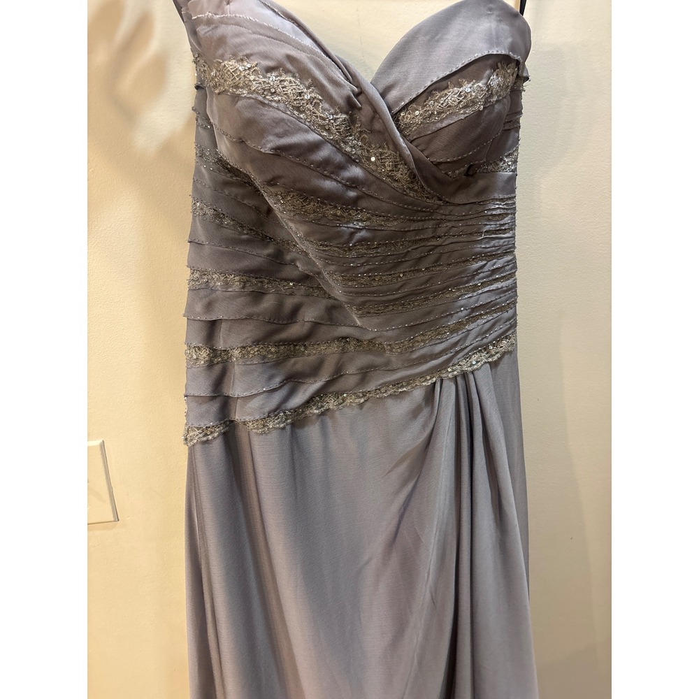 (READ) Montage by Mon Cheri Gray Beaded Ruched Strapless Formal Evening Gown 12